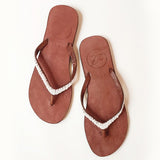 Brown and White Beaded Thong Sandals